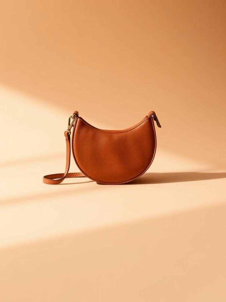 Mini cognac leather crescent shoulder bag with a slim strap