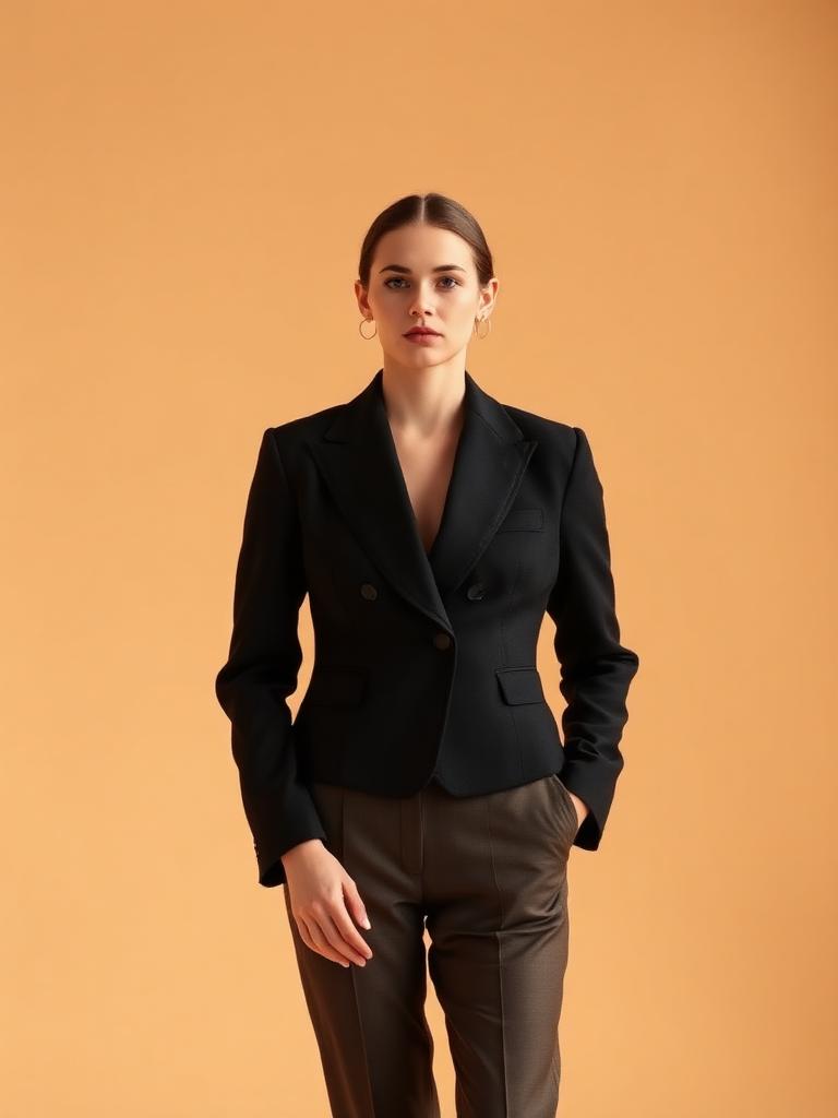 Model wearing a cropped black wool blazer with structured shoulders