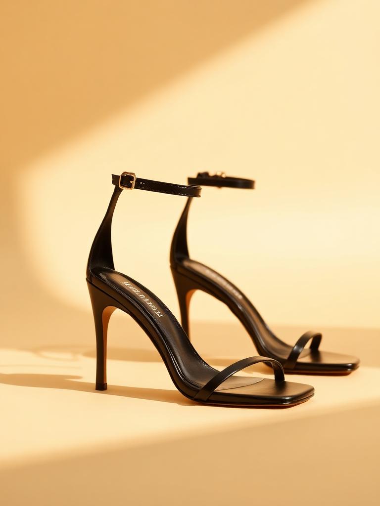 Pair of black slim strap heeled sandals with a fine stiletto heel